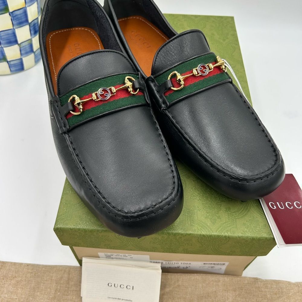 Men’s Gucci atrton web, striped leather driver loafers size 13 fits 13.5 US - Picture 2 of 10